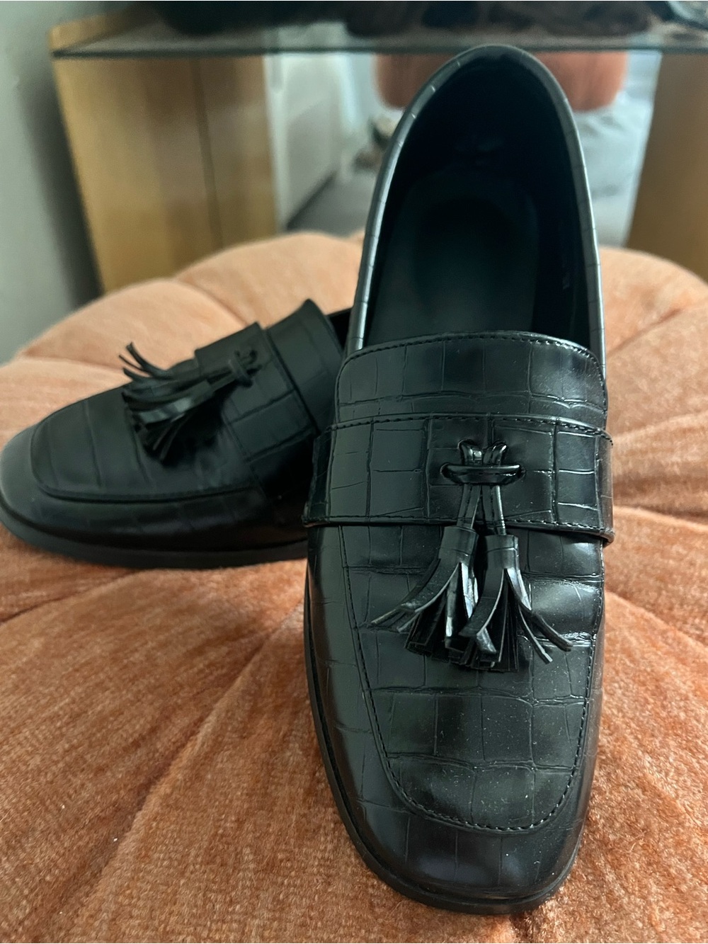 Women’s  Black Tassel Loafers - Classic Croc-Embossed Leather